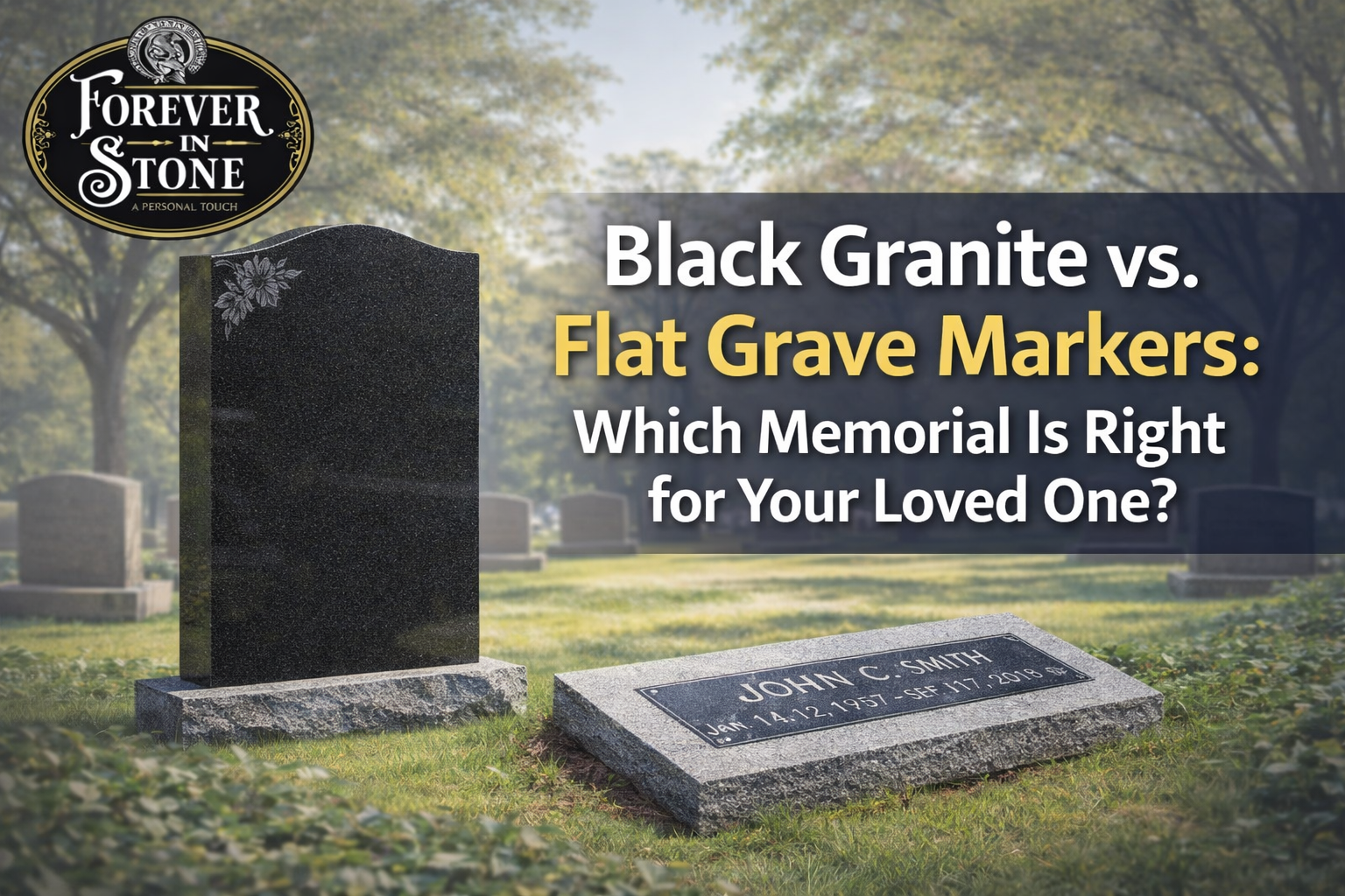 Black granite vs flat grave markers comparison showing upright headstone and flat grave marker in cemetery in Empire California
