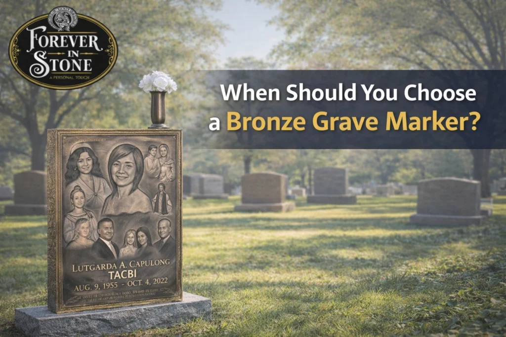 Forever In Stone custom bronze grave marker with detailed engraving in California cemetery