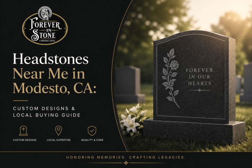 Custom headstones near me in Modesto CA by Forever In Stone featuring granite memorial design