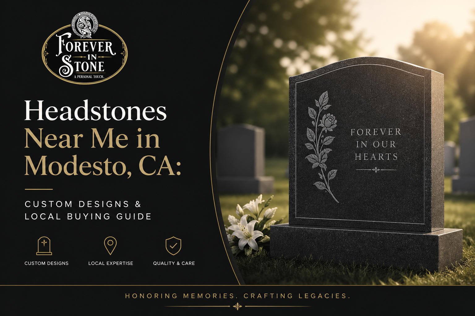 Custom headstones near me in Modesto CA by Forever In Stone featuring granite memorial design