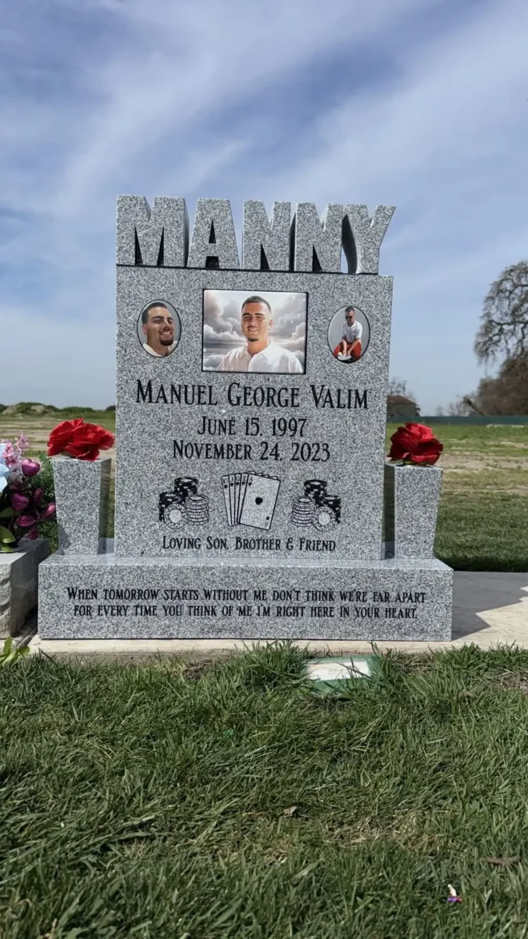 custom granite headstone memorial in Modesto CA with engraved family design