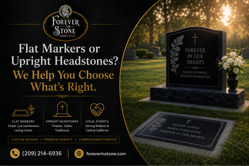Flat grave markers and upright headstones comparison by Forever In Stone in Modesto California