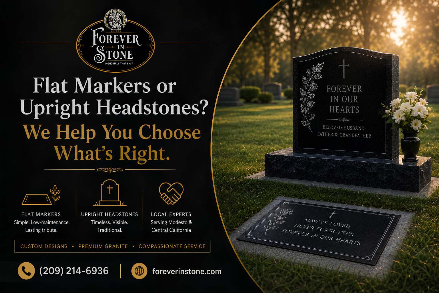 Flat grave markers and upright headstones comparison by Forever In Stone in Modesto California