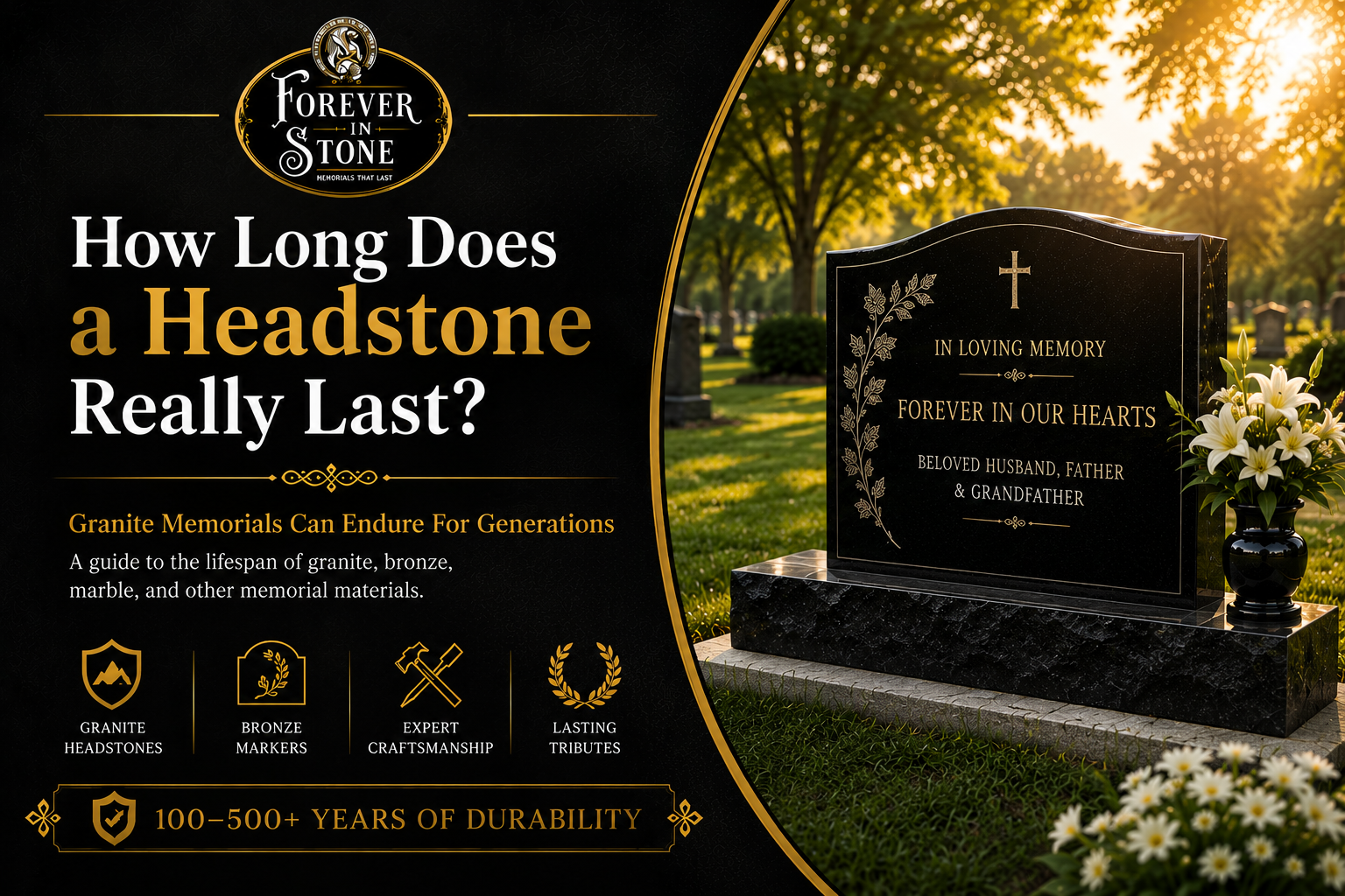 Black granite headstone in a cemetery at sunset, illustrating the lifespan and durability of granite memorials, bronze markers, and custom headstones.