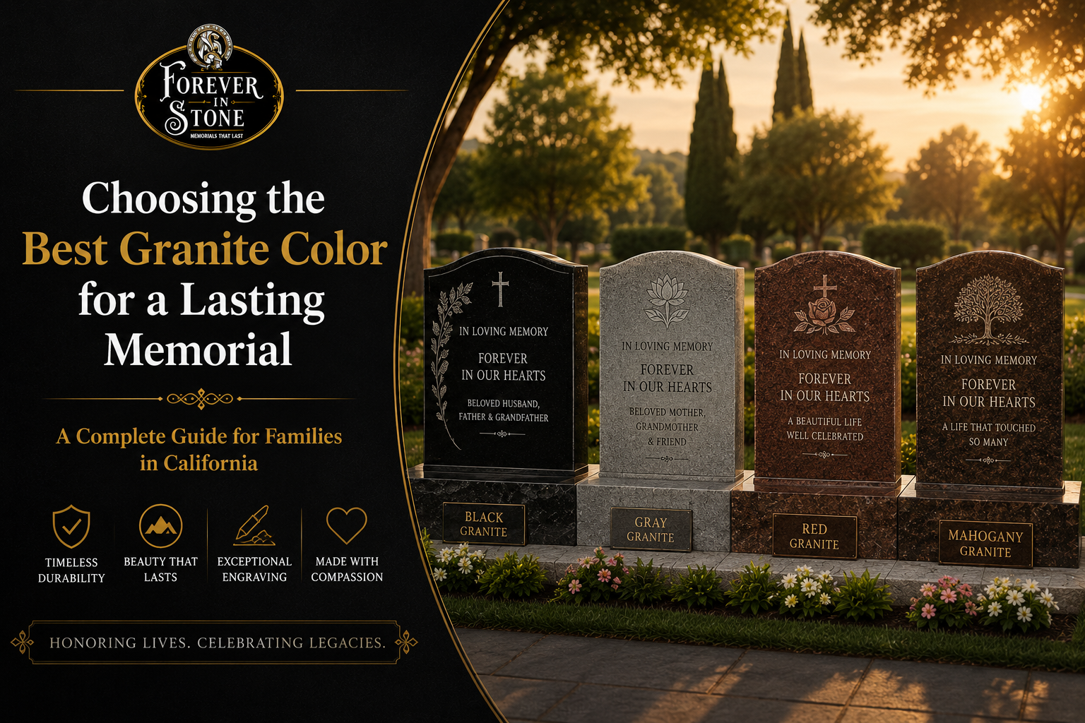 Granite headstones in black, gray, red, and mahogany showcasing the best granite colors for lasting memorials in California.