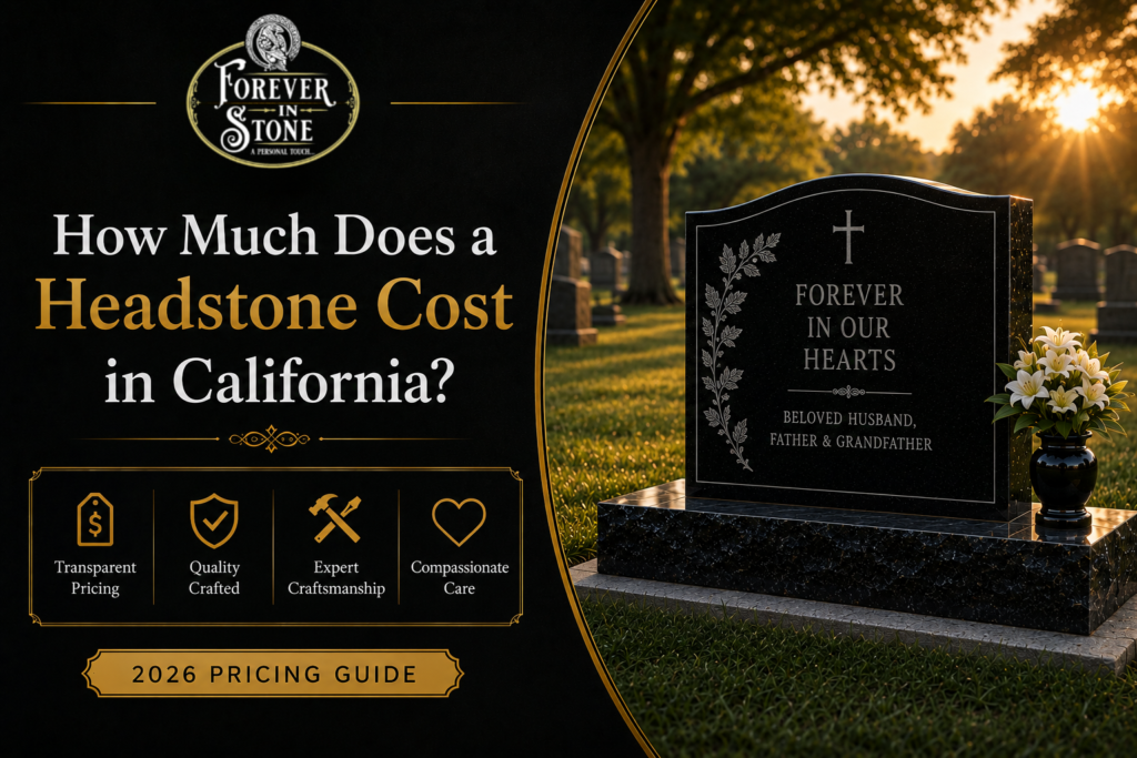 Black granite headstone in a California cemetery illustrating the 2026 headstone pricing guide and factors affecting memorial costs.