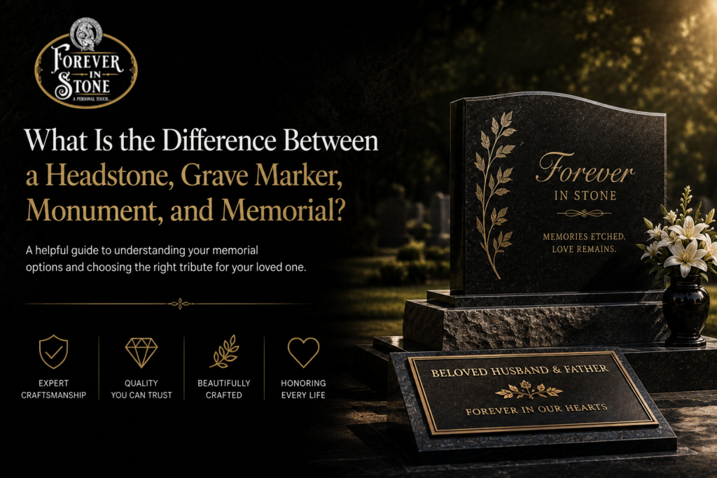 Comparison of a granite headstone, flat grave marker, monument, and memorial design in a California cemetery